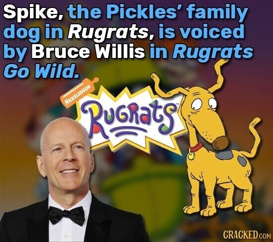 Spike, the Pickles' family dog in Rugrats, is voiced by Bruce Willis in Rugrats Go Wild. NICKELODEON Rugrats CRACKED.COM