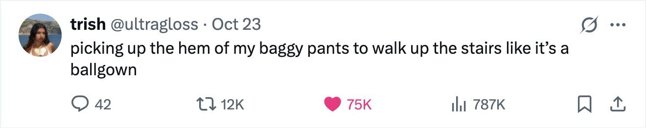 trish @ultragloss e Oct 23 ... picking up the hem of my baggy pants to walk up the stairs like it's a ballgown 42 12K 75K 787K