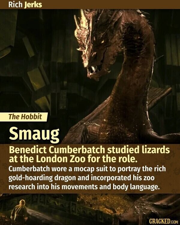 Rich Jerks The Hobbit Smaug Benedict Cumberbatch studied lizards at the London Zoo for the role. Cumberbatch wore a тосар suit to portray the rich gold-hoarding dragon and incorporated his zoo research into his movements and body language. CRACKED.COM