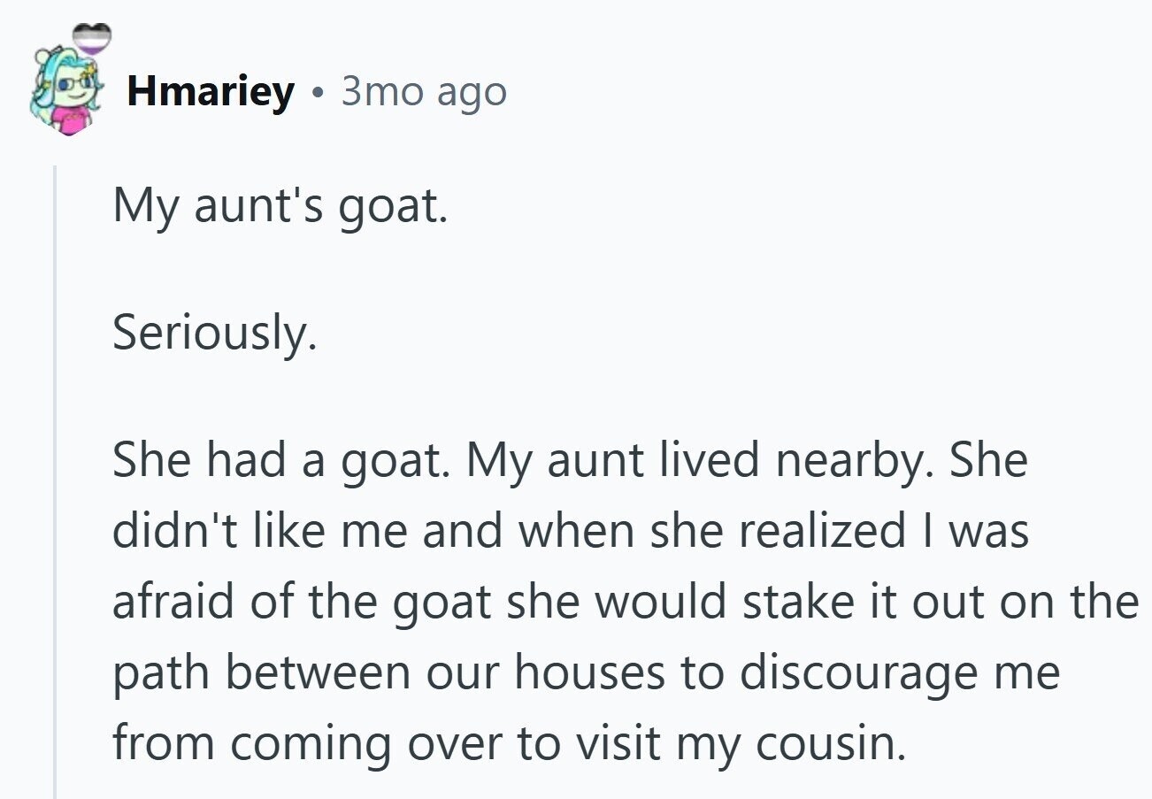 Hmariey 3то ago My aunt's goat. Seriously. She had a goat. My aunt lived nearby. She didn't like me and when she realized I was afraid of the goat she would stake it out on the path between our houses to discourage me from coming over to visit my cousin.