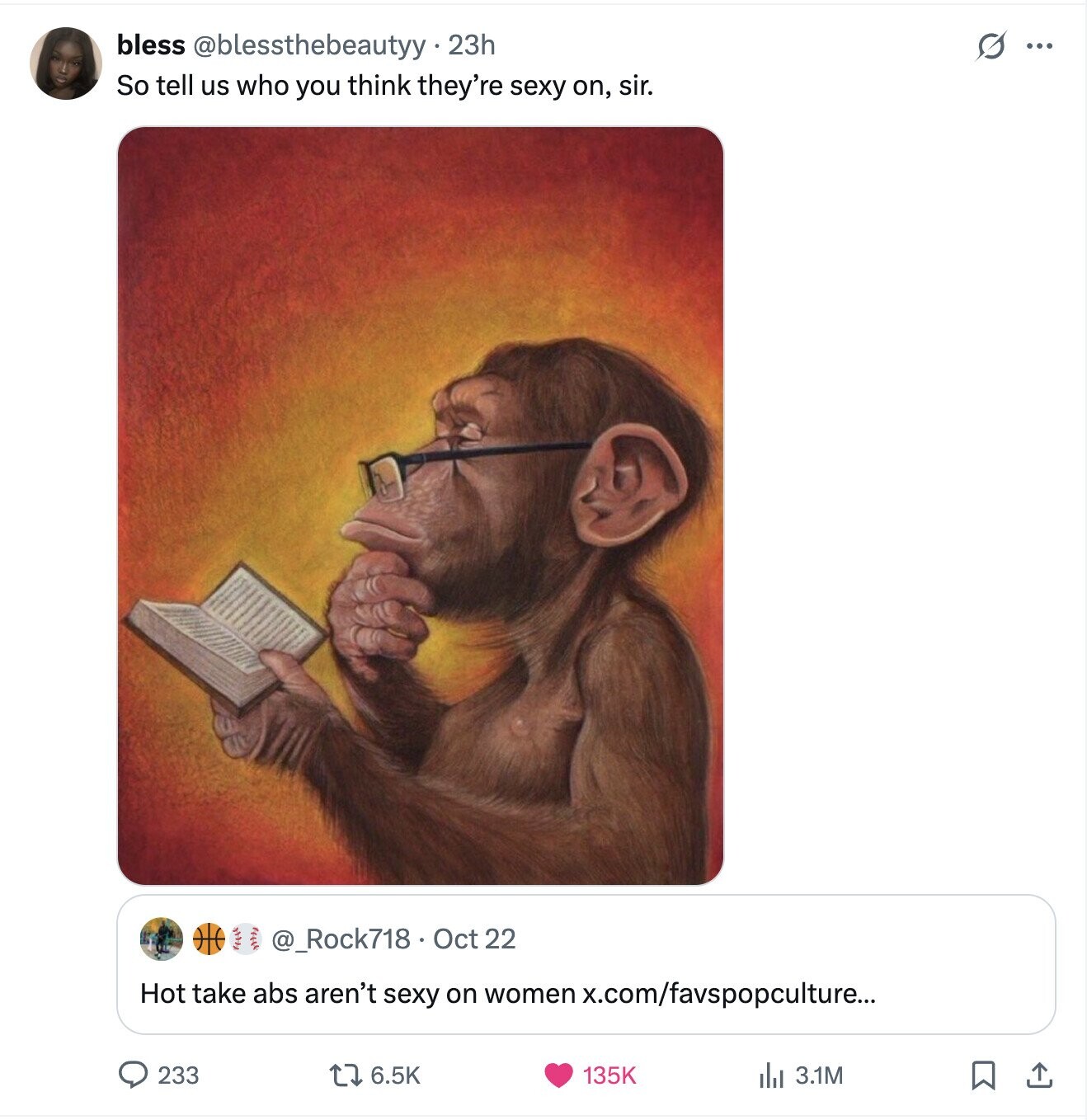 bless @blessthebeautyy.23h S ... So tell us who you think they're sexy on, sir. @_Rock718 Oct 22 Hot take abs aren't sexy on women x.com/favspopculture... 233 6.5K 135K 3.1M