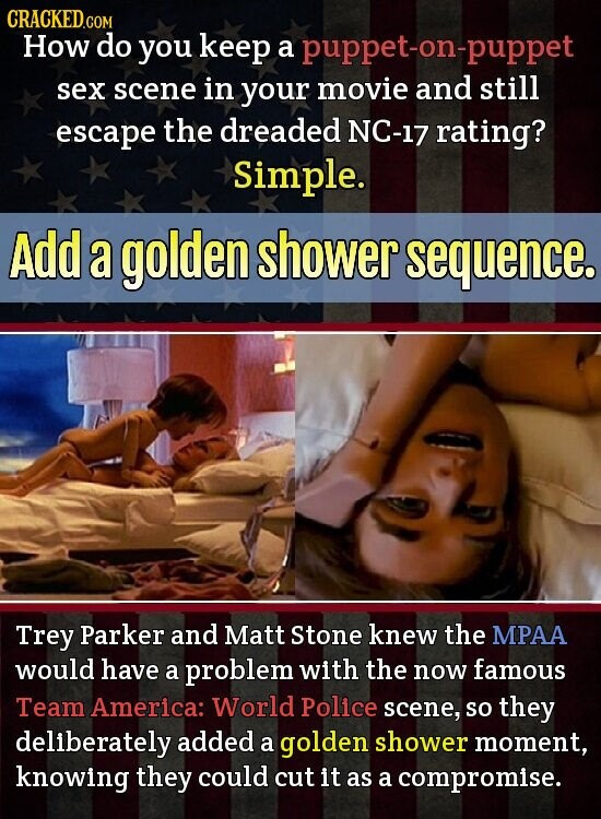 CRACKED.COM How do you keep a puppet-on-puppet sex scene in your movie and still escape the dreaded NC-17 rating? simple. Add a golden shower sequence. Trey Parker and Matt Stone knew the MPAA would have a problem with the now famous Team America: World Police scene, so they deliberately added a golden shower moment, knowing they could cut it as a compromise.