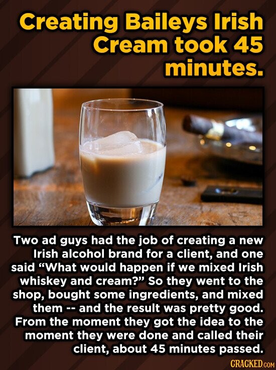 Creating Baileys Irish Cream took 45 minutes. Two ad guys had the job of creating a new Irish alcohol brand for a client, and one said What would happen if we mixed Irish whiskey and cream? So they went to the shop, bought some ingredients, and mixed them. and the