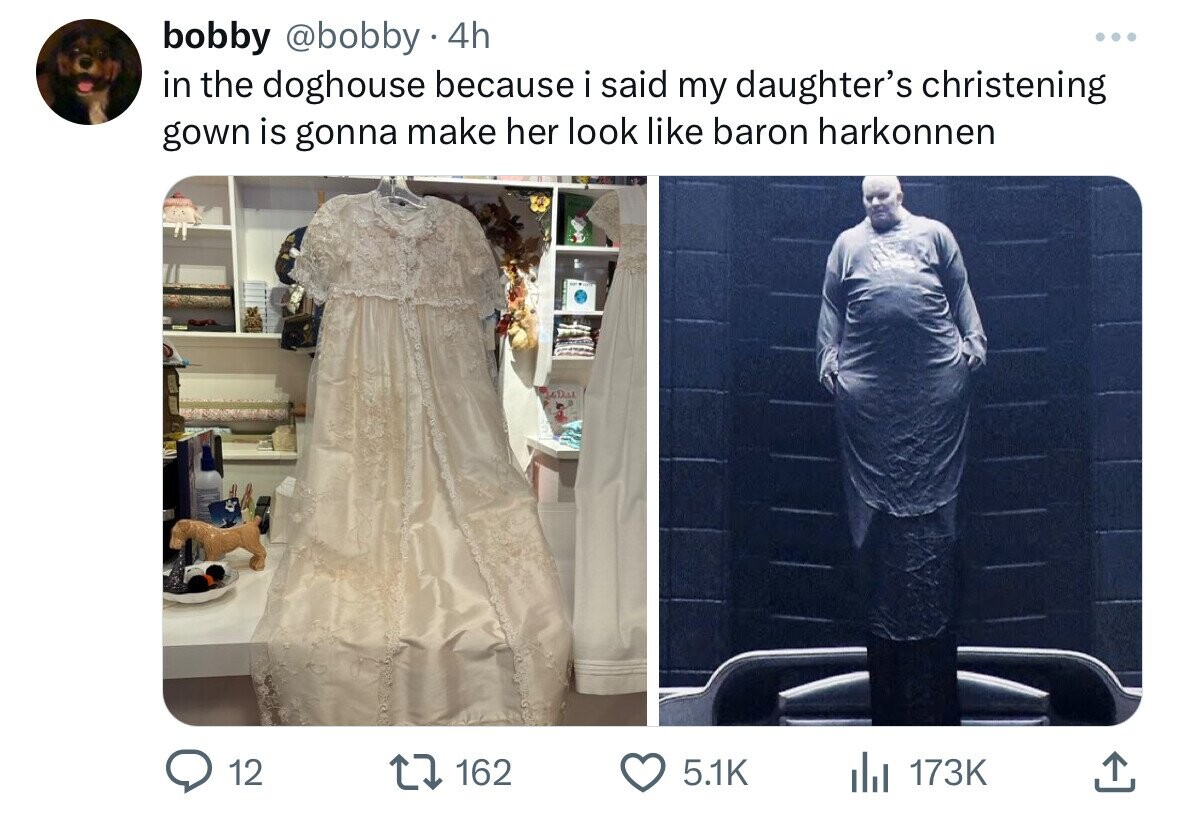 bobby @bobby 4h ... in the doghouse because i said my daughter's christening gown is gonna make her look like baron harkonnen 12 162 5.1K del 173K
