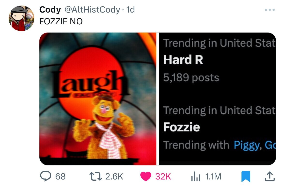Cody @AltHistCody 1d ... FOZZIE NO Trending in United Stat Hard R Laugh 5,189 posts FAC Trending in United Stat Fozzie Trending with Piggy, G 68 2.6K 32K 1.1M 