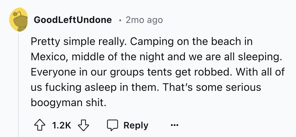 GoodLeftUndone 2mo ago Pretty simple really. Camping on the beach in Mexico, middle of the night and we are all sleeping. Everyone in our groups tents get robbed. With all of us fucking asleep in them. That's some serious boogyman shit. 1.2K Reply ...