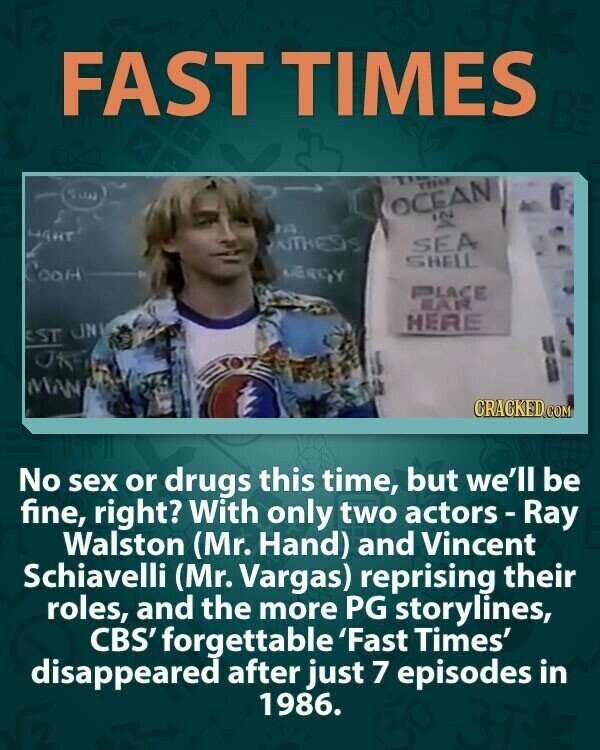 FAST TIMES BE THE OCEAN FA HAHT 12 ATHEDS SEA SHELL COOH NERGY PLACE EAR HERE ST UN OKE JOZE MAN CRACKED.COM No sex or drugs this time, but we'll be fine, right? With only two actors-Ray Walston (Mr. Hand) and Vincent Schiavelli (Mr. Vargas) reprising their roles, and the more PG storylines, CBS' forgettable 'Fast Times' disappeared after just 7 episodes in 1986.