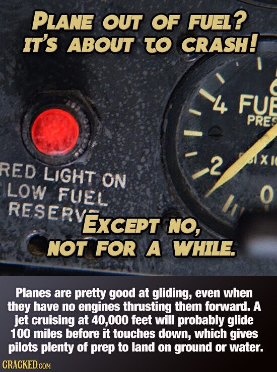 PLANE OUT OF FUEL? IT'S ABOUT TO CRASH! 4 FUE PRES X I 2 RED LIGHT ON LOW FUEL 0 RESERVE EXCEPT NO, NOT FOR A WHILE. Planes are pretty good at gliding, even when they have no engines thrusting them forward. A jet cruising at 40,000 feet will probably glide 100 miles before it touches down, which gives pilots plenty of prep to land on ground or water. CRACKED.COM