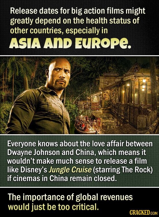 Release dates for big action films might greatly depend on the health status of other countries, especially in ASIA AND EUROPE. ADVENTURELAND Everyone knows about the love affair between Dwayne Johnson and China, which means it wouldn't make much sense to release a film like Disney's Jungle Cruise (starring The Rock) if cinemas in China remain closed. The importance of global revenues would just be too critical. CRACKED.COM