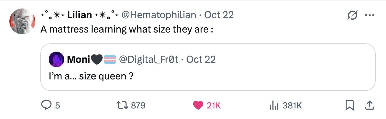 Lilian @Hematophilian Oct 22 ... A mattress learning what size they are: Moni @Digital_Fr0t. C Oct 22 I'm a... size queen ? 5 879 21K 381K