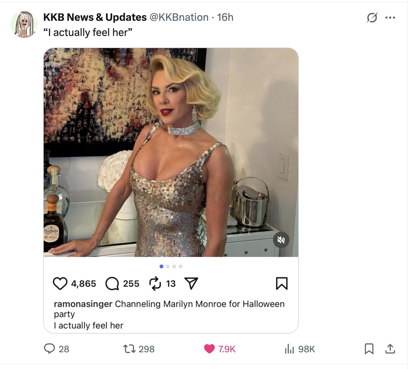 s ... KKB News & Updates @KKBnation 16h I actually feel her Donjulio 4,865 13 255 ramonasinger Channeling Marilyn Monroe for Halloween party actually feel her 28 298 7.9K 98K