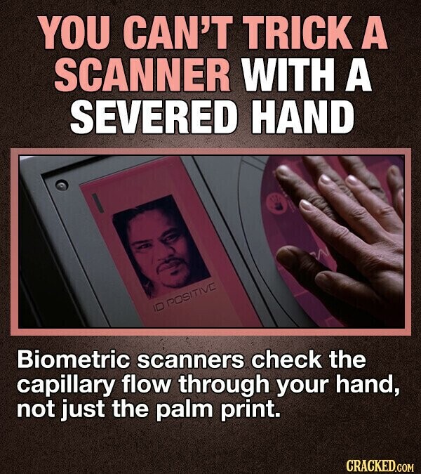 YOU CAN'T TRICK A SCANNER WITH A SEVERED HAND ID POSITIVE Biometric scanners check the capillary flow through your hand, not just the palm print. CRACKED.COM