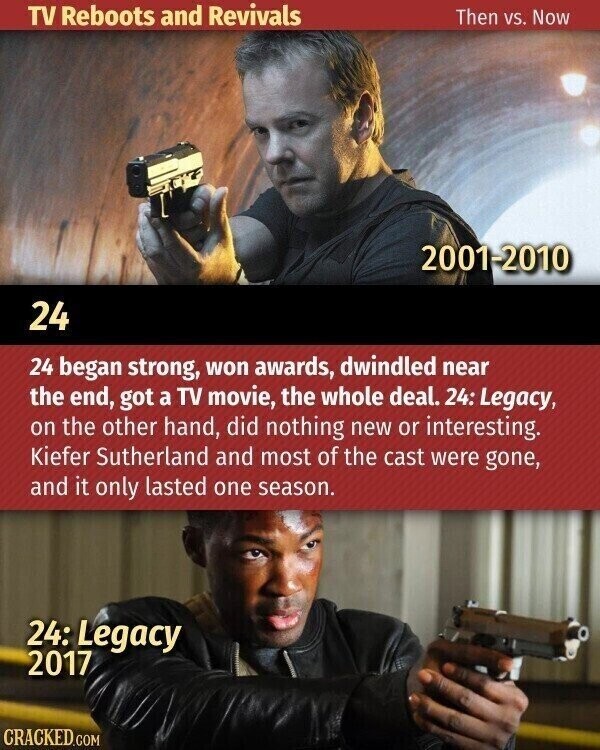 TV Reboots and Revivals Then VS. Now 2001-2010 24 24 began strong, won awards, dwindled near the end, got a TV movie, the whole deal. 24: Legacy, on the other hand, did nothing new or interesting. Kiefer Sutherland and most of the cast were gone, and it only lasted one season. 24: Legacy 2017 CRACKED.COM