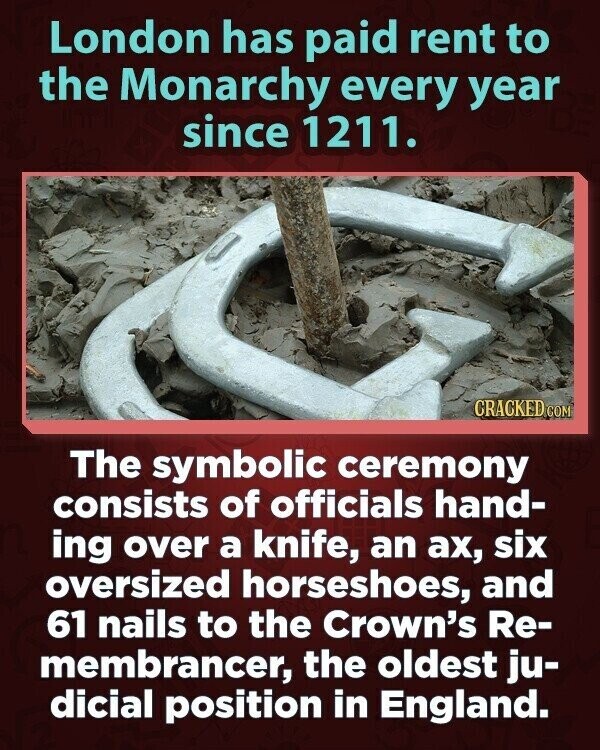 London has paid rent to the Monarchy every year since 1211. CRACKED COM The symbolic ceremony consists of officials hand- ing over a knife, an ах, six oversized horseshoes, and 61 nails to the Crown's Re- membrancer, the oldest ju- dicial position in England.