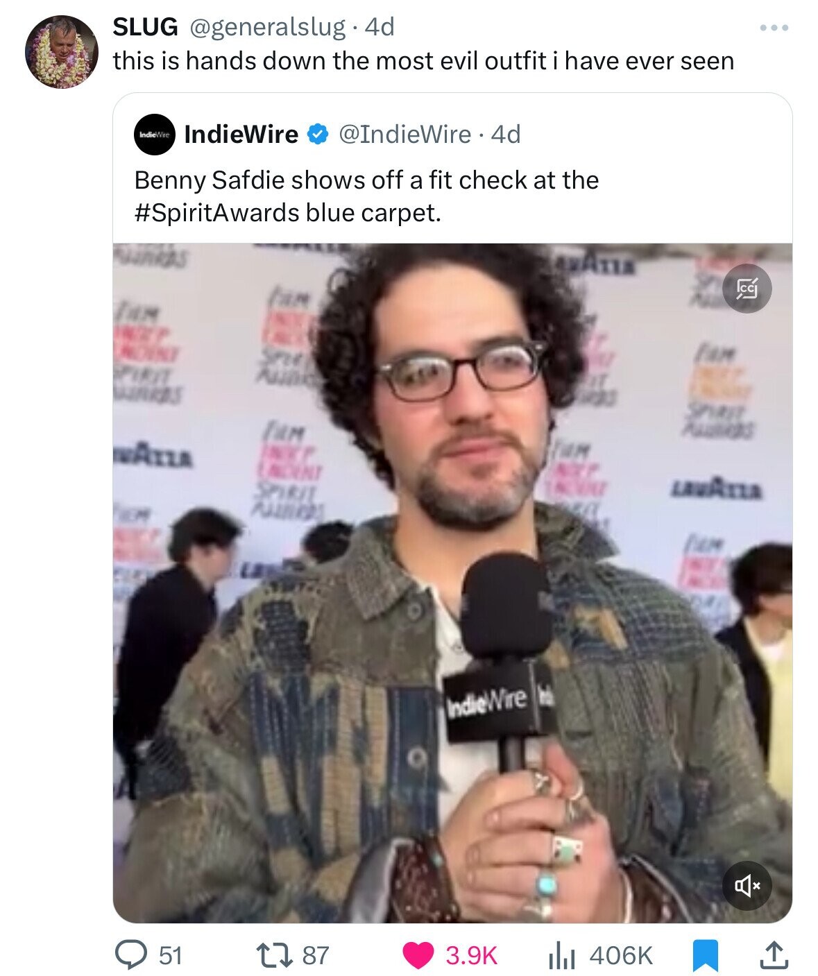 SLUG @generalslug 4d this is hands down the most evil outfit i have ever seen IndieWire IndieWire @IndieWire 4d Benny Safdie shows off a fit check at the #SpiritAwards blue carpet. SHARAS MAXIA fare S CC THM NEW SO FT MOINT Sne Ean U SPIRIT at that WARRES SPIRIT fun wAZZA TUM INK INDINI NOT ? NOVIE LAVATTA SPIRIT en EM NET fiem will La NO The had IndieWire 51 87 3.9K 406K