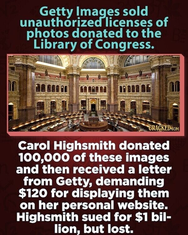 Getty Images sold unauthórized licenses of photos donated to the Library of Congress. CRACKED.COM Carol Highsmith donated 100,000 of these images and then received a letter from Getty, demanding $120 for displaying them on her personal website. Highsmith sued for $1 bil- lion, but lost.