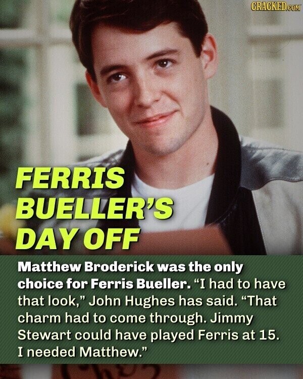 CRACKED.COM FERRIS BUELLER'S DAY OFF Matthew Broderick was the only choice for Ferris Bueller. I had to have that look, John Hughes has said. That charm had to come through. Jimmy Stewart could have played Ferris at 15. I needed Matthew.