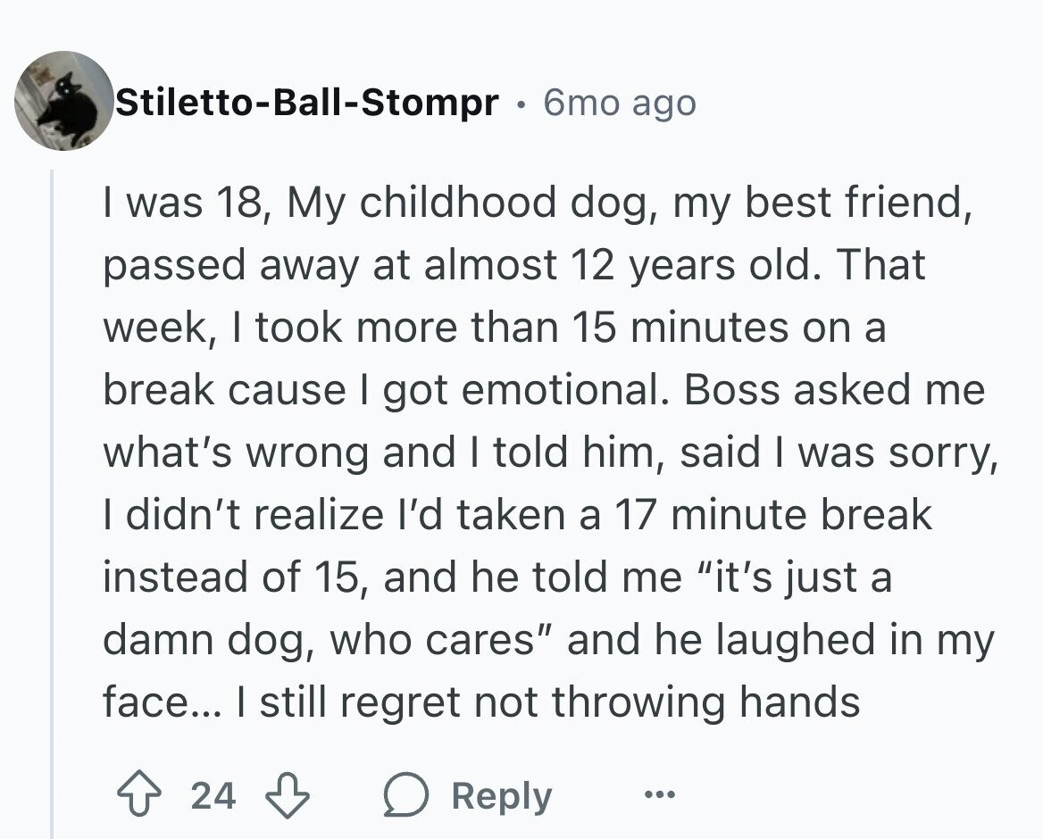 Stiletto-Ball-Stompr 6mo ago I was 18, My childhood dog, my best friend, passed away at almost 12 years old. That week, I took more than 15 minutes on a break cause I got emotional. Boss asked me what's wrong and I told him, said I was sorry, I didn't realize I'd taken a 17 minute break instead of 15, and he told me it's just a damn dog, who cares and he laughed in my face... I still regret not throwing hands 24 Reply ...