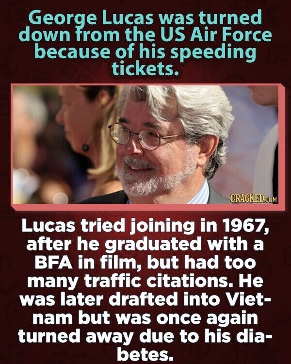 George Lucas was turned down from the US Air Force because of his speeding tickets. CRACKED.COM Lucas tried joining in 1967, after he graduated with a BFA in film, but had too many traffic citations. Не was later drafted into Viet- nam but was once again turned away due to his dia- betes.