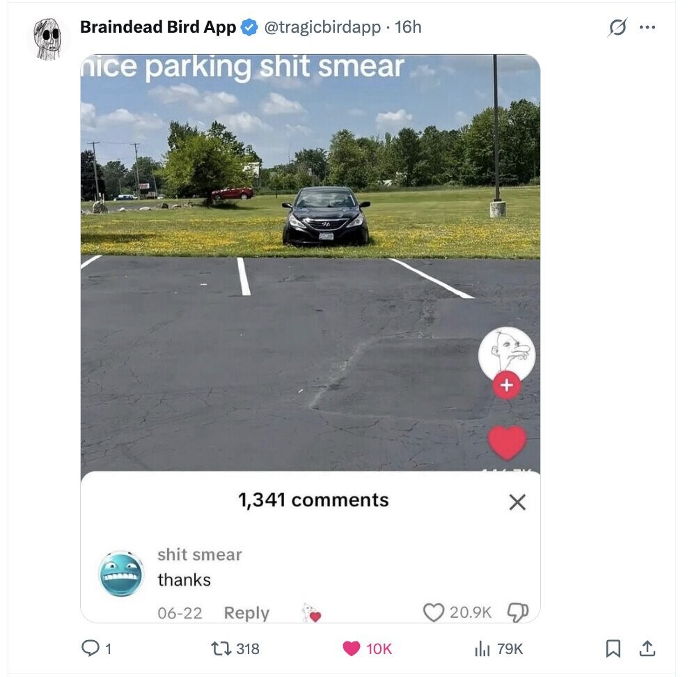 Braindead Bird App s ... @tragicbirdapp. 16h nice parking shit smear adidas + 1,341 comments X shit smear thanks 06-22 Reply 20.9K 1 318 79K 10K 