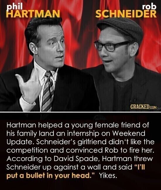 phil rob SCHNEIDER HARTMAN CRACKED.COM DR Hartman helped a young female friend of his family land an internship on Weekend Update. Schneider's girlfriend didn't like the competition and convinced Rob to fire her. According to David Spade, Hartman threw Schneider up against a wall and said I'll put a bullet in your head. Yikes.