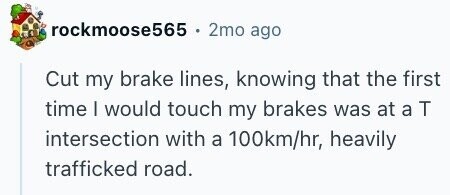 rockmoose565 - 2mo ago Cut my brake lines, knowing that the first time I would touch my brakes was at a T intersection with a 100km/hr, heavily trafficked road.