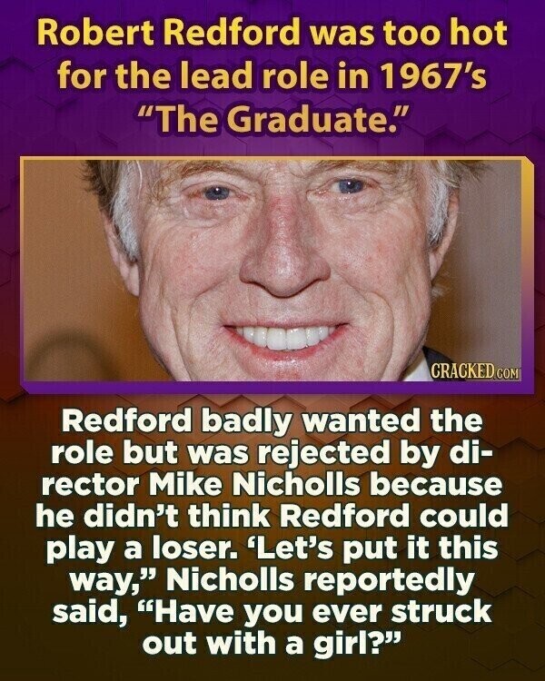 Robert Redford was too hot for the lead role in 1967's The Graduate. CRACKED.COM Redford badly wanted the role but was rejected by di- rector Mike Nicholls because he didn't think Redford could play a loser. 'Let's put it this way, Nicholls reportedly said, Have you ever struck out with a girl?