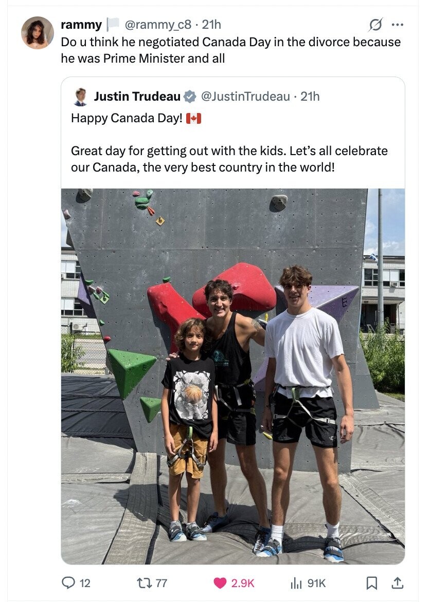 @rammy_c8 . 21h s ... rammy Do u think he negotiated Canada Day in the divorce because he was Prime Minister and all Justin Trudeau @JustinTrudeau 21h Happy Canada Day! Great day for getting out with the kids. Let's all celebrate our Canada, the very best country in the world! 12 77 2.9K del 91K