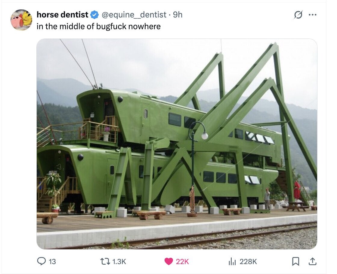 horse dentist @equine_dentist . 9h G ... in the middle of bugfuck nowhere 13 1.3K 22K 228K
