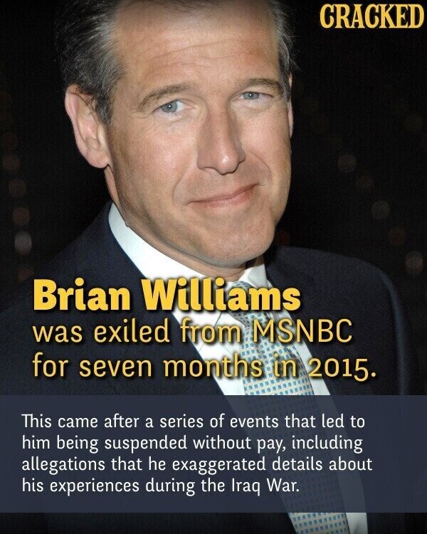 CRACKED Brian Williams was exiled from MSNBC for seven months in 2015. This came after a series of events that led to him being suspended without pay, including allegations that he exaggerated details about his experiences during the Iraq War.