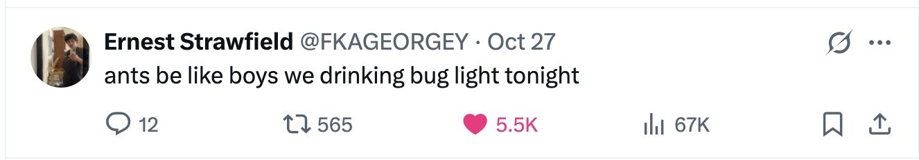 Ernest Strawfield @FKAGEORGEY . Oct 27 ... ants be like boys we drinking bug light tonight 12 565 5.5K 67K