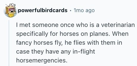 powerfulbirdcards . 1mo ago I met someone once who is a veterinarian specifically for horses on planes. When fancy horses fly, he flies with them in case they have any in-flight horsemergencies. 