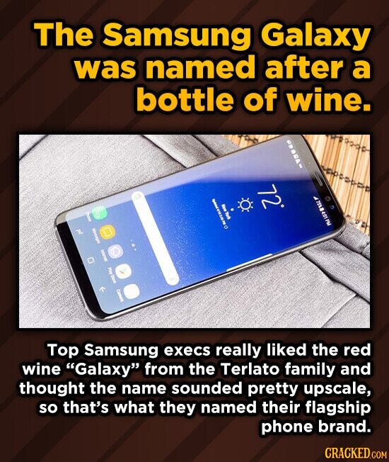 The Samsung Galaxy was named after a bottle of wine. 72 AMEO Ndvuse Top Samsung execs really liked the red wine Galaxy from the Terlato family and thought the name sounded pretty upscale, so that's what they named their flagship phone brand. CRACKED.COM