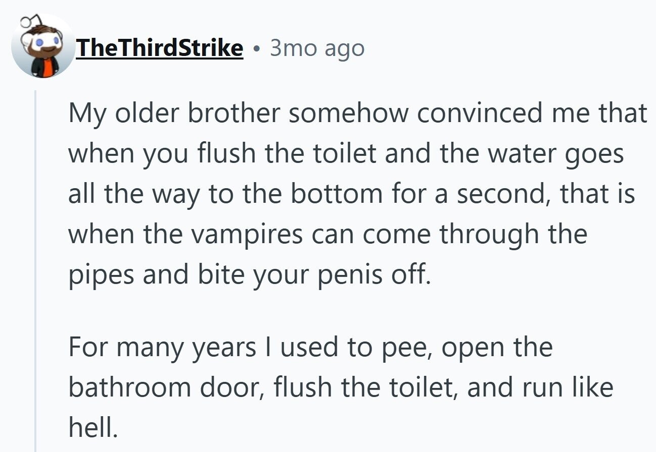 TheThirdStrike G 3то ago My older brother somehow convinced me that when you flush the toilet and the water goes all the way to the bottom for a second, that is when the vampires can come through the pipes and bite your penis off. For many years | used to pee, open the bathroom door, flush the toilet, and run like hell.