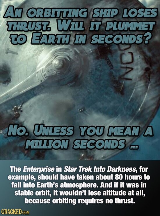 AN ORBITTING SHIP LOSES THRUST. WILL IT PLUMMET TO EARTH IN SECONDS? ssn NCO No. UNLESS YOU MEAN A MILLION SECONDS ... The Enterprise in Star Trek Into Darkness, for example, should have taken about 80 hours to fall into Earth's atmosphere. And if it was in stable orbit, it wouldn't lose altitude at all, because orbiting requires no thrust. CRACKED.COM
