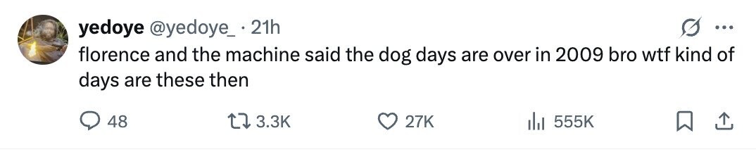 yedoye @yedoye_ 21h ... florence and the machine said the dog days are over in 2009 bro wtf kind of days are these then 48 3.3K 27K 555K