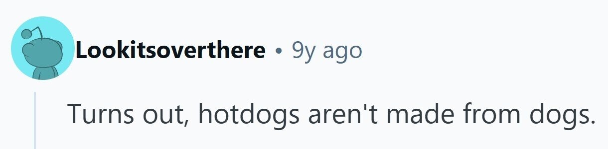Lookitsoverthere . 9y ago Turns out, hotdogs aren't made from dogs. 