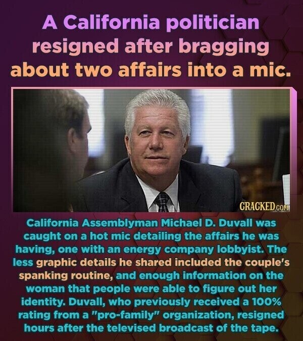 A California politician resigned after bragging about two affairs into a mic. CRACKED CON California Assemblyman Michael D. Duvall was caught on a hot mic detailing the affairs he was having, one with an energy company lobbyist. The less graphic details he shared included the couple's spanking routine, and enough information on the woman that people were able to figure out her identity. Duvall, who previously received a 100% rating from a pro-family organization, resigned hours after the televised broadcast of the tape.