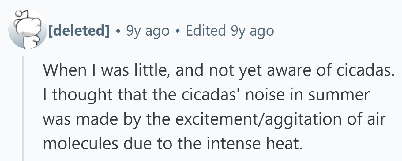  . 9y ago . Edited 9y ago When I was little, and not yet aware of cicadas. I thought that the cicadas' noise in summer was made by the excitement/aggitation of air molecules due to the intense heat. 