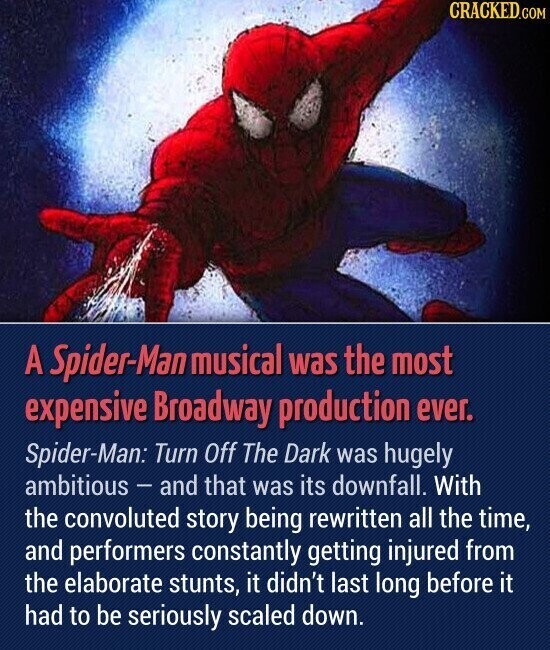 CRACKED.COM A Spider-Man musical was the most expensive Broadway production ever. Spider-Man: Turn Off The Dark was hugely ambitious - and that was its downfall. With the convoluted story being rewritten all the time, and performers constantly getting injured from the elaborate stunts, it didn't last long before it had to be seriously scaled down.