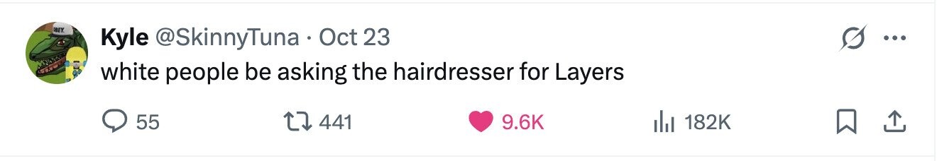 BEY Kyle @SkinnyTuna Oct 23 ... white people be asking the hairdresser for Layers 55 441 9.6K 182K