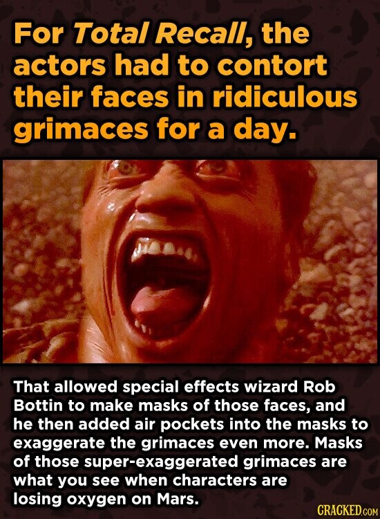 For Total Recall, the actors had to contort their faces in ridiculous grimaces for a day. That allowed special effects wizard Rob Bottin to make masks of those faces, and he then added air pockets into the masks to exaggerate the grimaces even more. Masks of those super-exaggerated grimaces are what you see when characters are losing oxygen on Mars. CRACKED.COM