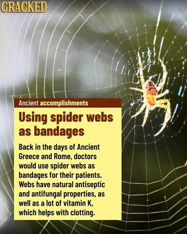 CRACKED Ancient accomplishments Using spider webs as bandages Back in the days of Ancient Greece and Rome, doctors would use spider webs as bandages for their patients. Webs have natural antiseptic and antifungal properties, as well as a lot of vitamin K, which helps with clotting.