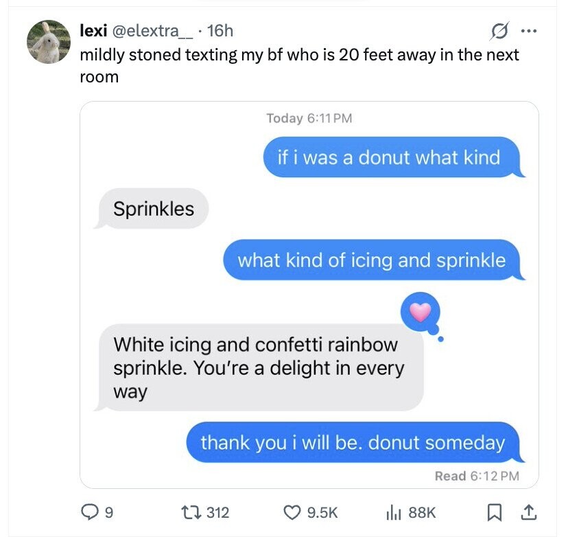 s ... lexi @elextra__ 16h mildly stoned texting my bf who is 20 feet away in the next room Today 6:11 1PM if i was a donut what kind Sprinkles what kind of icing and sprinkle White icing and confetti rainbow sprinkle. You're a delight in every way thank you i will be. donut someday Read 6:12PM 9 312 9.5K 88K