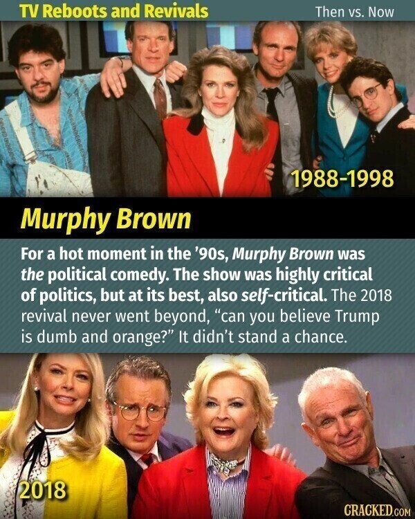 TV Reboots and Revivals Then vs. Now 1988-1998 Murphy Brown For a hot moment in the '90s, Murphy Brown was the political comedy. The show was highly critical of politics, but at its best, also self-critical. The 2018 revival never went beyond, can you believe Trump is dumb and orange? It didn't stand a chance. 2018 CRACKED.COM