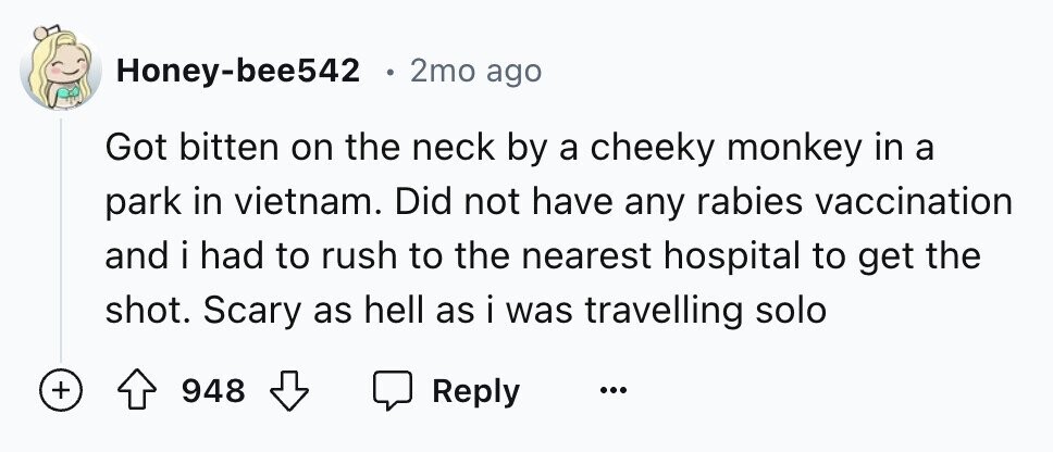 Honey-bee542 2mo ago Got bitten on the neck by a cheeky monkey in a park in vietnam. Did not have any rabies vaccination and i i had to rush to the nearest hospital to get the shot. Scary as hell as i was travelling solo + 948 Reply ...