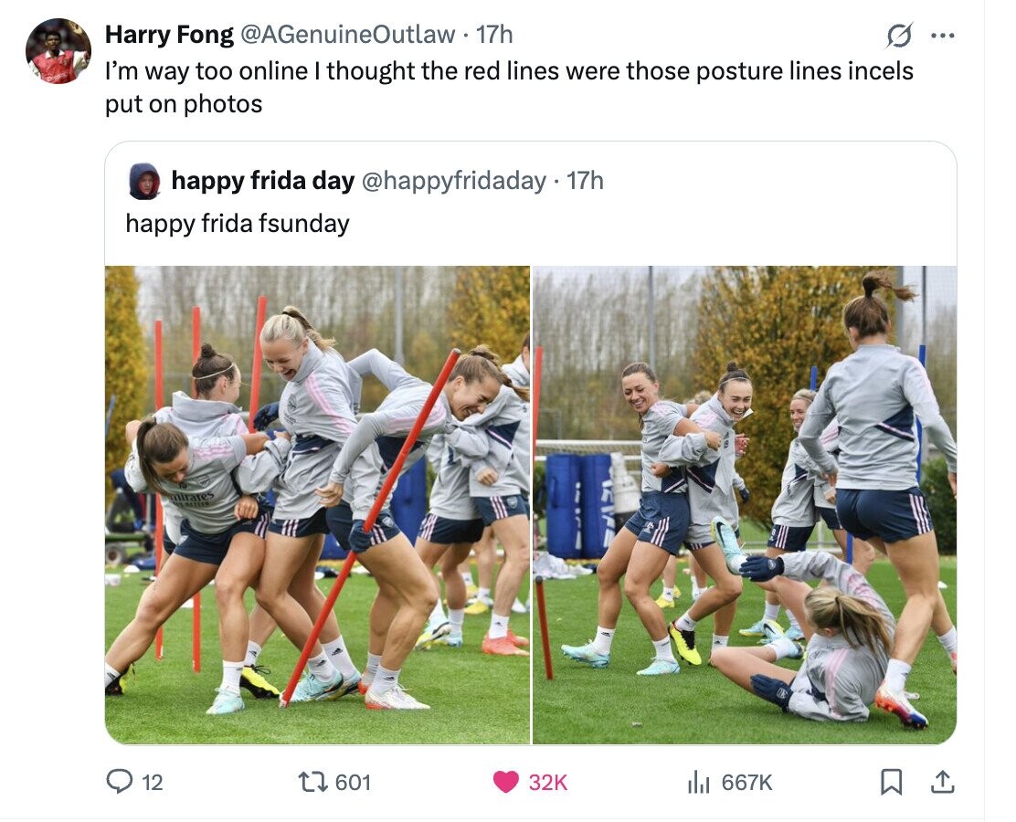 Harry Fong @AGenuineOutlaw. 17h ... I'm way too online I thought the red lines were those posture lines incels put on photos happy frida day @happyfridaday.17h happy frida fsunday mirates 12 601 32K 667K