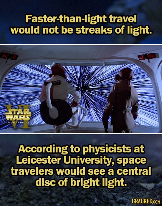 Faster-than-light travel would not be streaks of light. W According to physicists at Leicester University, space travelers would see a central disc of bright light. CRACKED.COM