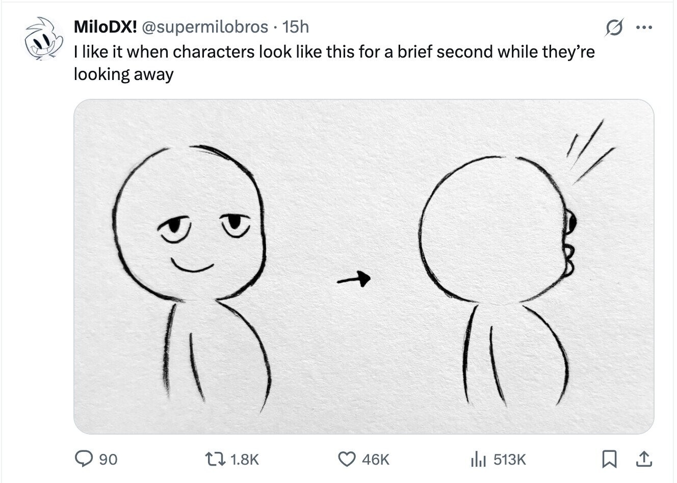 MiloDX! @supermilobros 15h ... I like it when characters look like this for a brief second while they're looking away 90 1.8K 46K del 513K 