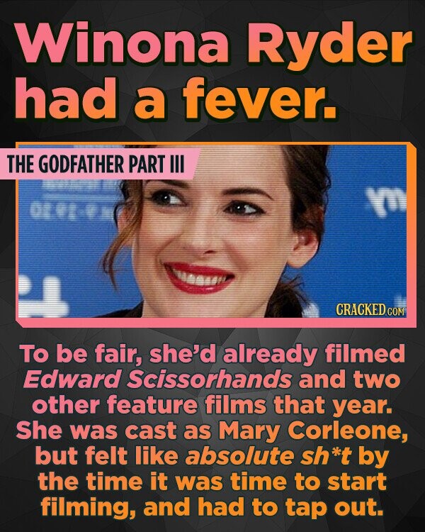 Winona Ryder had a fever. THE GODFATHER PART I V OO l883 CRACKED CON TO be fair, she'd already filmed Edward Scissorhands and two other feature films that year She was cast as Mary Corleone, but felt like absolute sh*t by the time it was time to start filming, and had
